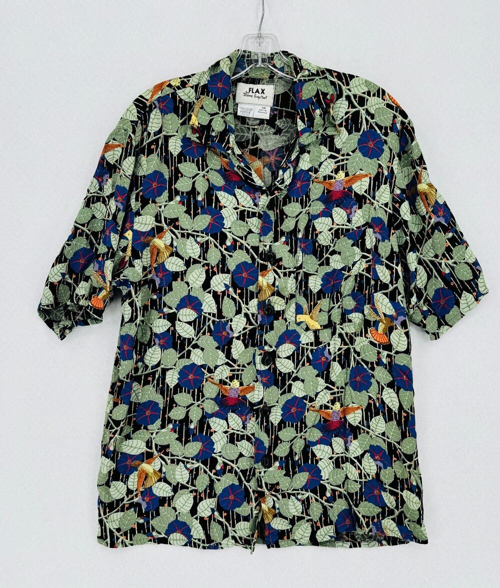 Vintage Mens Flax Jeanne Engelhart Green Floral Hummingbird Camp Shirt